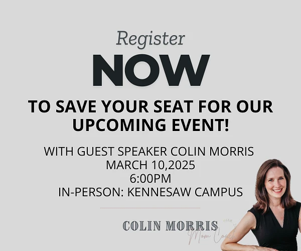 The image is an announcement for an event featuring guest speaker Colin Morris on March 10, 2025, at 6:00 PM at the Kennesaw campus.