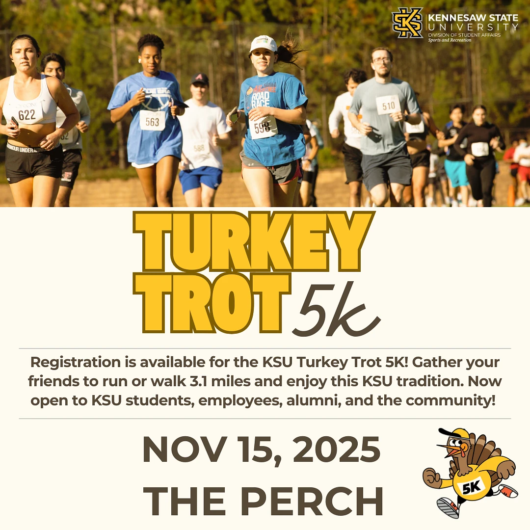 The image promotes the KSU Turkey Trot 5K event on November 15, 2025, inviting participants to run or walk 3.1 miles at The Perch.