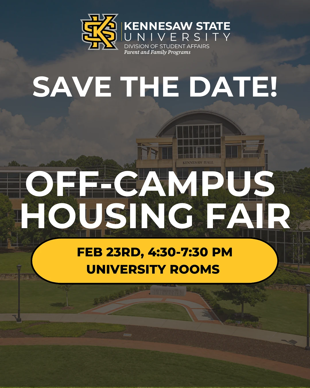The image is an announcement for Kennesaw State University's Off-Campus Housing Fair on February 23rd, from 4:30 to 7:30 PM in the University Rooms.