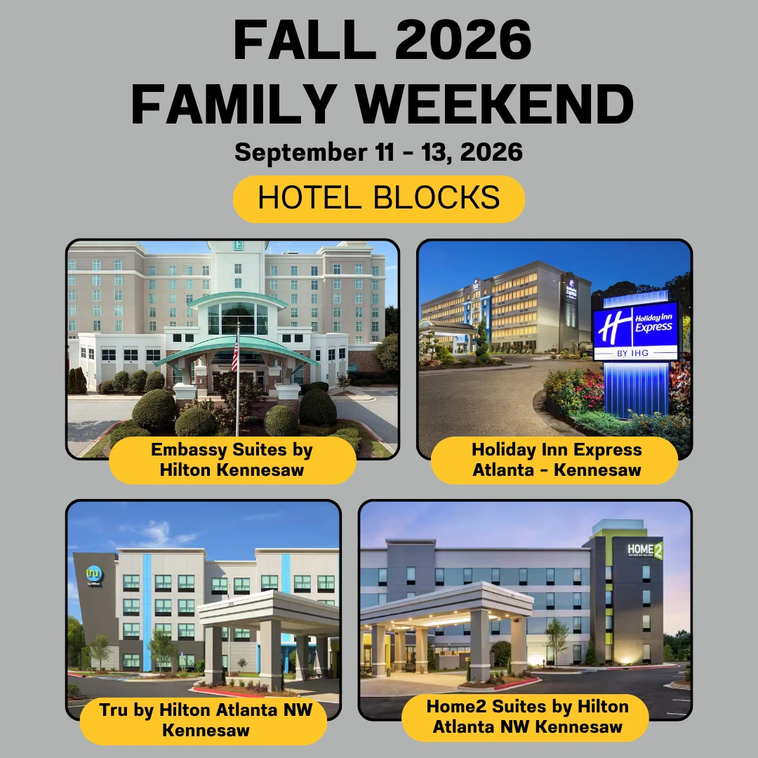 The image is a promotional flyer for the "Fall 2026 Family Weekend" from September 11-13, 2026, featuring hotel blocks at Embassy Suites, Holiday Inn Express, Tru by Hilton, and Home2 Suites in Kennesaw, Atlanta.