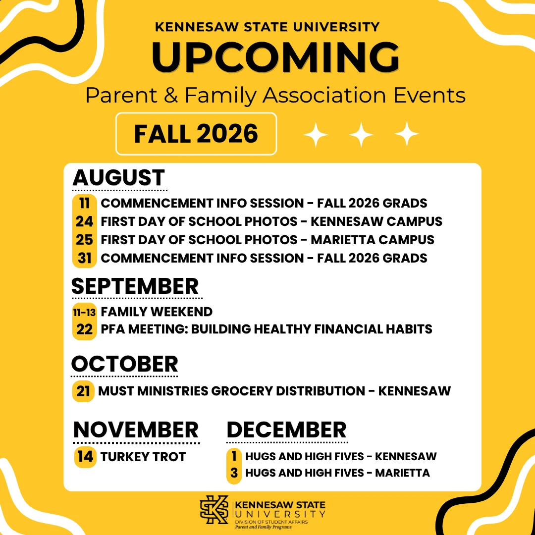 This image is a flyer that shows the upcoming events for the Parent and Family Association for Fall 2026.