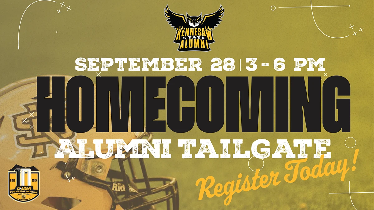 The image is an announcement for the Kennesaw State Alumni Homecoming Alumni Tailgate event on September 28 from 3-6 PM, with a prompt to "Register Today!"
