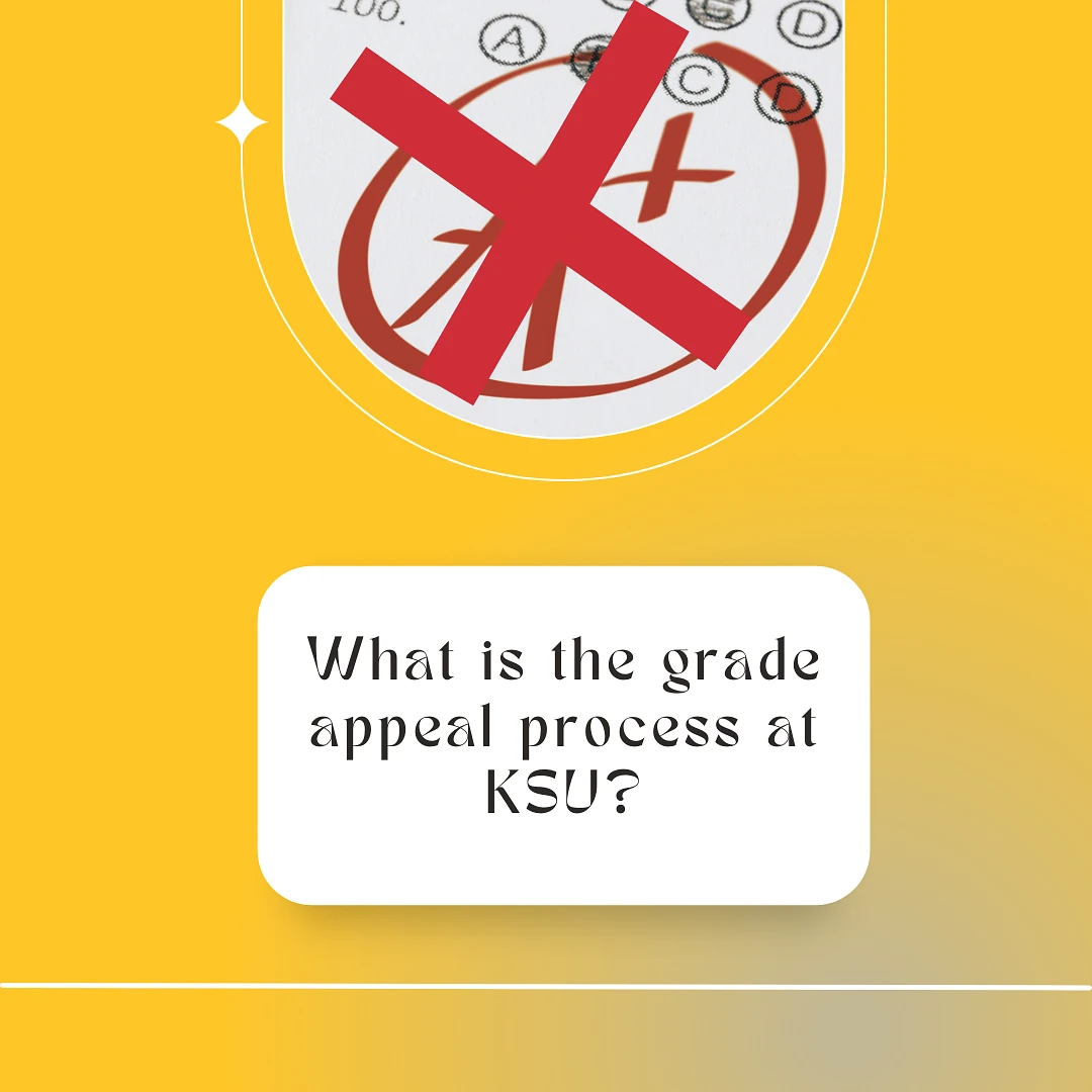 The image features a large red "X" over a grade, with the text "What is the grade appeal process at KSU?" on a yellow background.