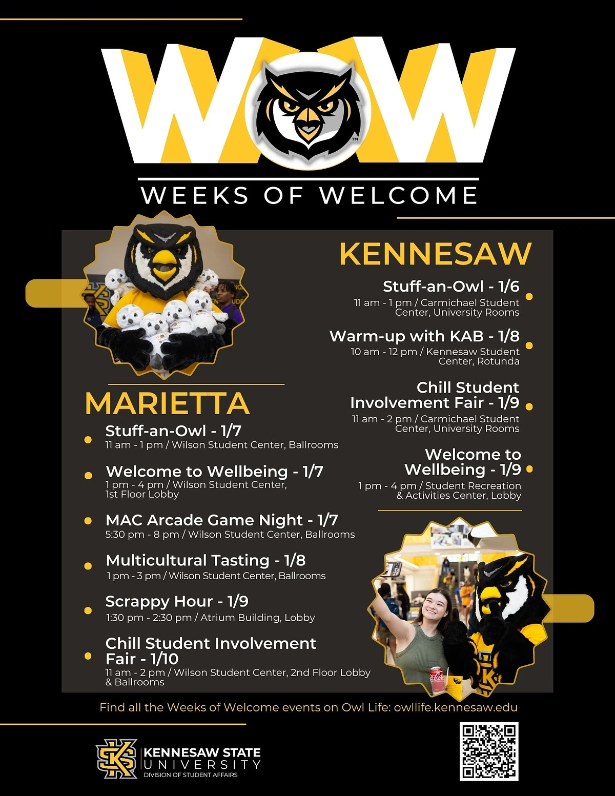 This image details the Weeks of Welcome events at Kennesaw State University, featuring activities and schedules for the Marietta and Kennesaw campuses.