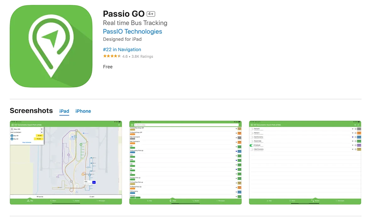 The image shows the App Store page for "Passio GO," a real-time bus tracking app designed for iPad, with screenshots of its interface.