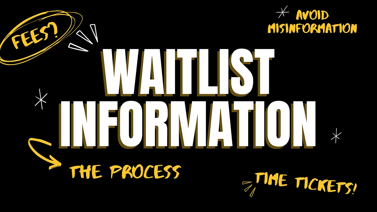 The image presents "Waitlist Information" prominently, surrounded by words "FEES?", "AVOID MISINFORMATION", "THE PROCESS", and "TIME TICKETS!" in yellow with white accents on a black background.