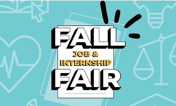 The image promotes a "Fall Job & Internship Fair" with various icons in the background.