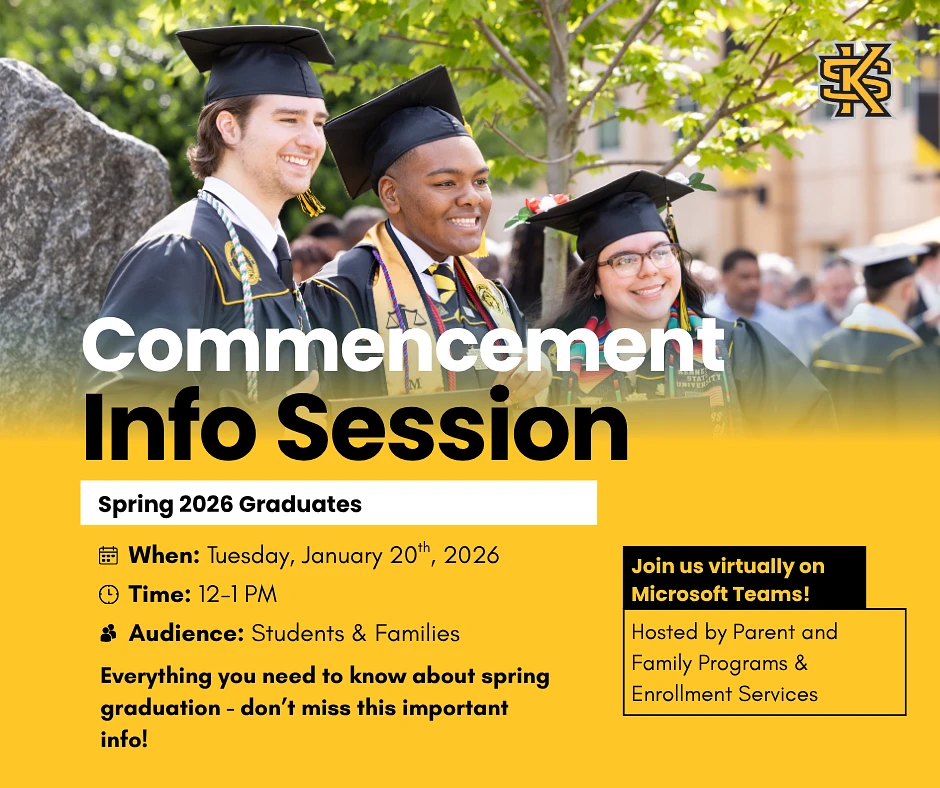The image is an announcement for a virtual "Commencement Info Session" for Spring 2026 graduates, detailing the event date and time, and is hosted by Parent and Family Programs & Enrollment Services.