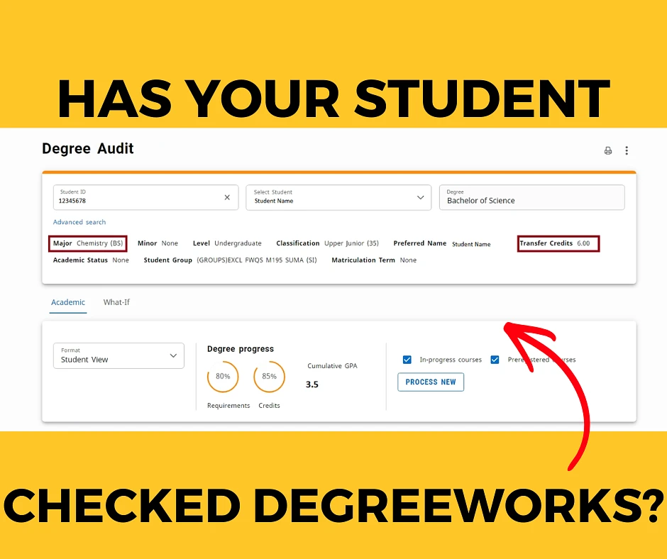 A Degree Audit interface is shown with the text "Has your student checked DegreeWorks?" in bold lettering.