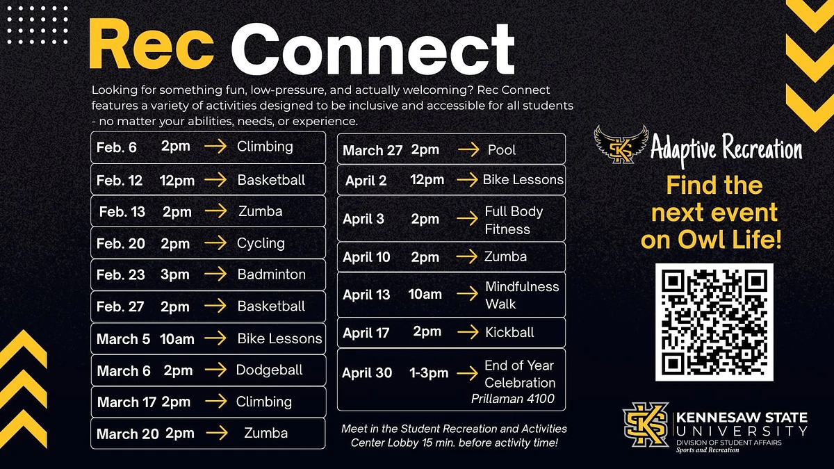 The image is an event schedule for Kennesaw State University's "Rec Connect," listing various inclusive recreational activities from February to April, with a note to find more events on Owl Life.