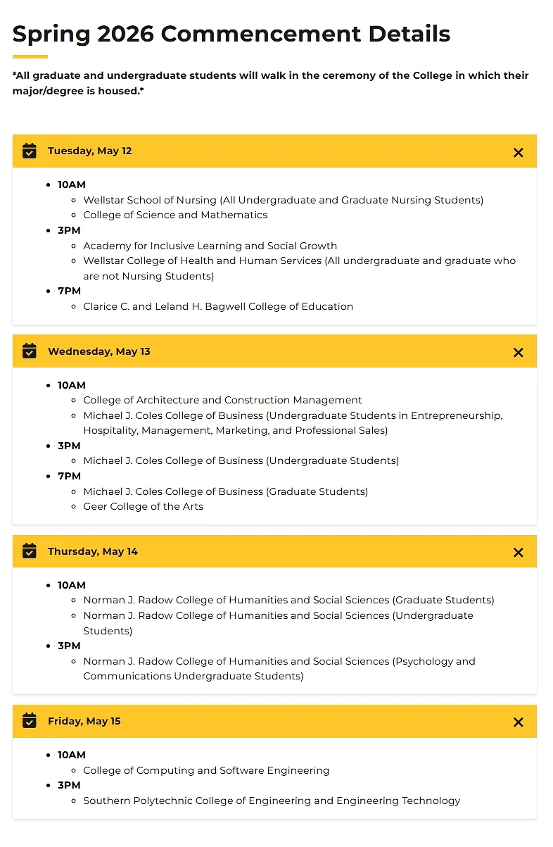 The image outlines the schedule for the Spring 2026 commencement ceremonies, detailing dates and times for various colleges at a university.